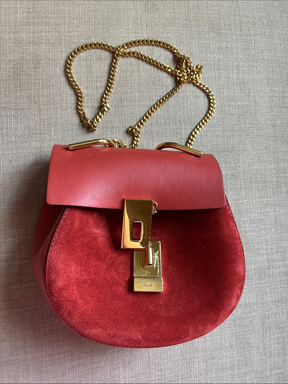 Chloe Red Suede & Leather Crossbody with Gold Chain